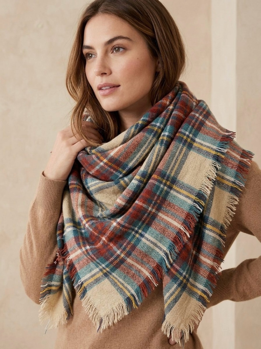 Oversized Plaid Fringe Blanket Scarf soft Multi-Color